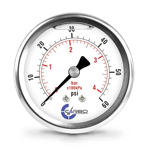 Miniatura 32 de 2 1-2" Medidor de presión, carcasa de acero inoxidable, conexión de latón cromado, llenado de líquido, 0-4000 psi/kPa, montaje trasero 1/4" NPT
