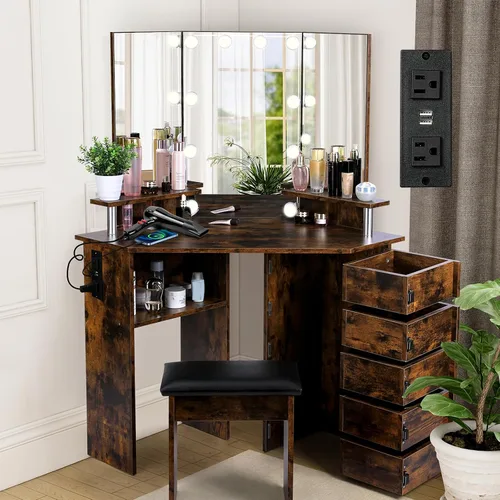 VOWNER Tocador con luces - Mesa de maquillaje con toma de corriente, 3 opciones de iluminación de color con brillo ajustable, mesa de tocador con 5