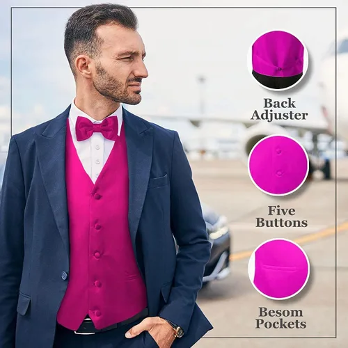 Miniatura 5 de Oliver George Chaleco formal sólido para hombre, 4 piezas, chaleco de esmoquin, corbata de lazo, pañuelo para traje o esmoquin
