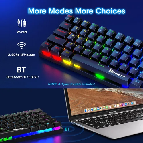 Miniatura 2 de Pauroty 60% Teclado mecánico inalámbrico, teclado de juego de triple modo 2.4G/USB-C/Bluetooth, retroiluminación RGB, interruptor azul clicky, Negro
