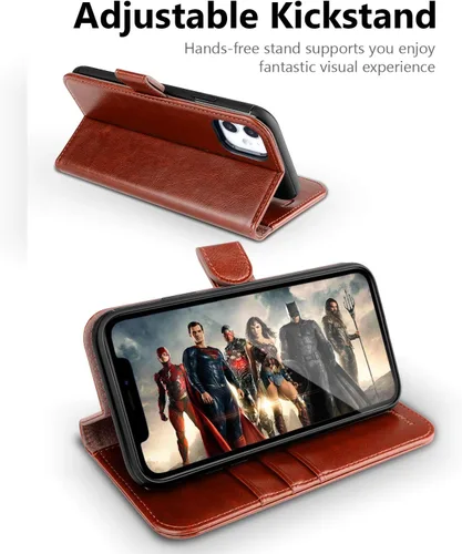 Miniatura 4 de OCASE Funda tipo cartera compatible con iPhone 11 con tarjetero y soporte para tarjetas, funda de piel sintética con función atril y cierre Marrón