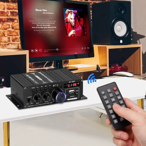 Miniatura 4 de AK-380 Bluetooth 5.0 Amplificador de audio para el hogar, máximo 400W+400W 2.0CH HiFi Stereo con fuente de alimentación de 12 V 5 A, receptor