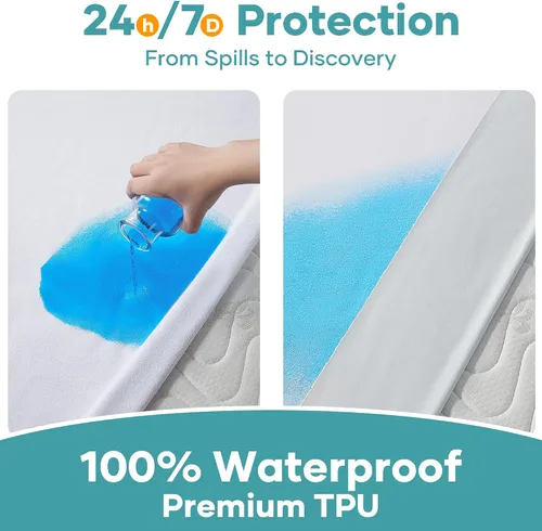 Miniatura 2 de OhGeni Protector de colchón impermeable, tamaño matrimonial, con bolsillo profundo de 6 a 18 pulgadas, transpirable, silencioso y suave, lavable, a