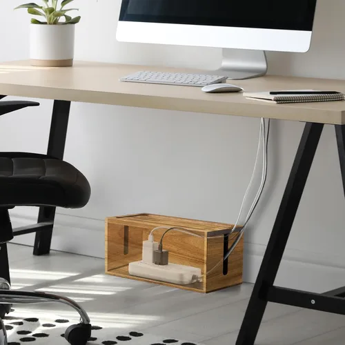 Miniatura 7 de Caja organizadora de cables de madera de acacia, caja organizadora de cables, 2 ranuras abiertas, organizador de cables para debajo del escritorio