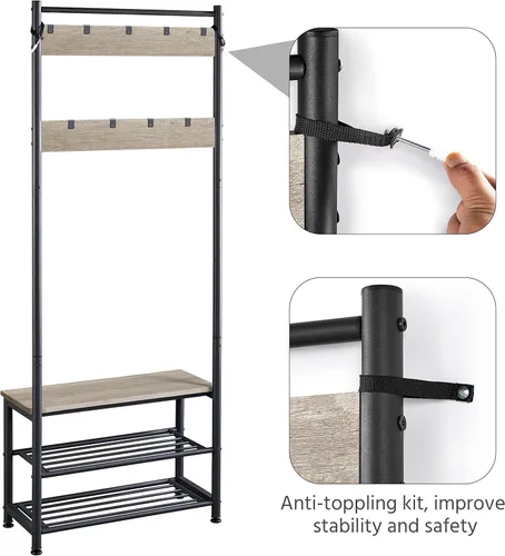 Miniatura 8 de Yaheetech Perchero, árbol de pasillo con banco de zapatos, almacenamiento de zapatos de entrada con perchero, 9 ganchos móviles, muebles de entrada
