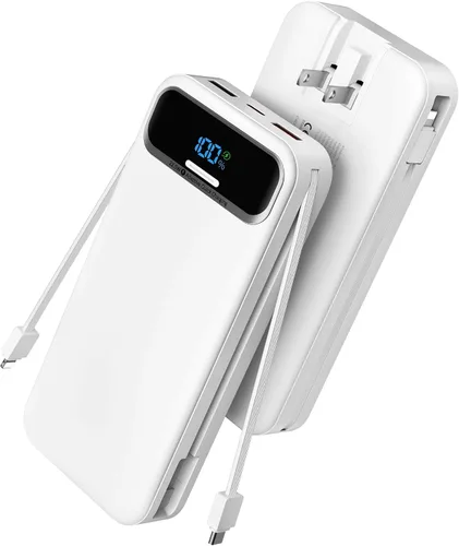 Miniatura 16 de Cargador portátil, 20000 mAh 22.5 W, cargador de batería de carga rápida con cables integrados y enchufe de pared, batería externa esencial de viaje