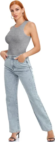 Miniatura 4 de SIMIYA Paquete de 2 camisetas sin mangas para mujer, acanaladas, sin mangas, espalda cruzada, básicas, de verano, cuello alto, blusas ajustadas