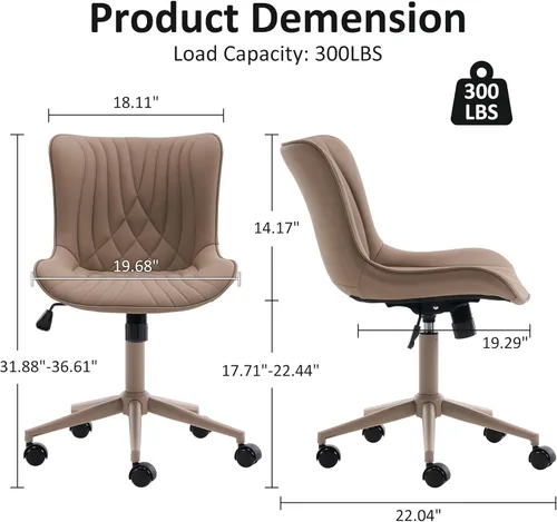 Miniatura 2 de YOUTASTE Silla de oficina color caqui, moderna silla de escritorio sin brazos con respaldo, silla giratoria ajustable de piel sintética con ruedas