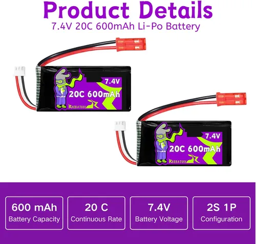 Miniatura 5 de Baterías JST 20C de 7.4V 600mAh para DEERC F35 4 canales sin escobillas RC avión para adultos Control remoto Avión EDF Fighter Jet, 2.4GHz 6 ejes