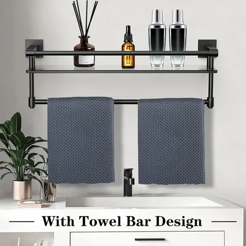 Miniatura 3 de Estante de vidrio para baño de 20 pulgadas, estantes de baño con barra para toallas, estantes de vidrio templado con soporte para toallas de acero
