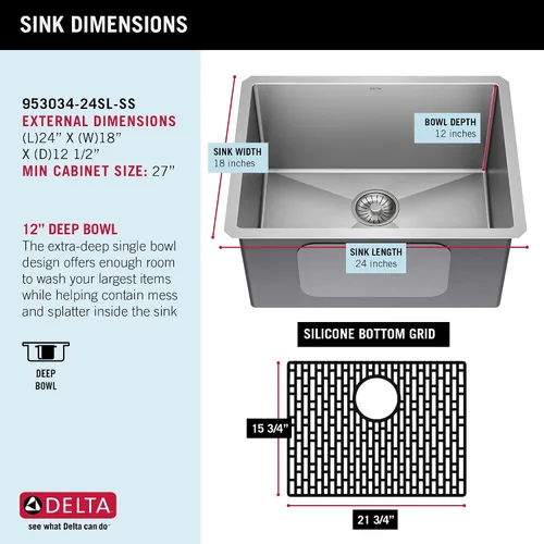 Miniatura 5 de DELTA FAUCET Delta Lenta 953034-24SL-SS - Fregadero de cocina de acero inoxidable calibre 16 de 24 pulgadas con accesorios, color satinado