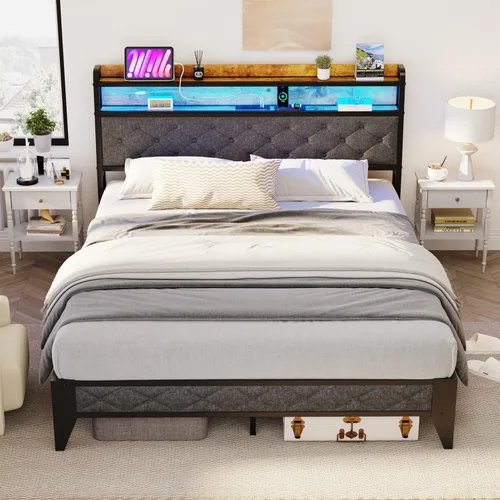 Miniatura 11 de Winkalon Base de cama LED individual con cabecero, base de cama con estación de carga, marco de cama de plataforma de metal, tamaño individual,