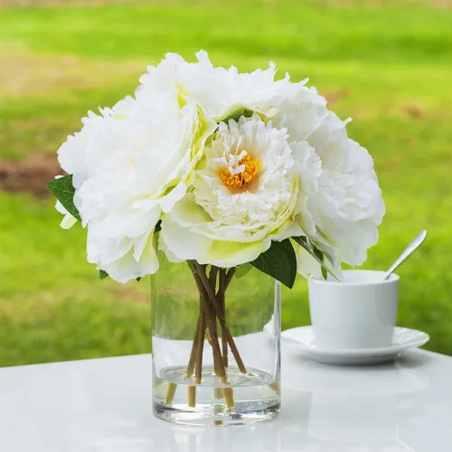Miniatura 2 de ENOVA FLORAL Flores de seda de peonías en jarrón, flores falsas con agua sintética en jarrón de vidrio para decoración de mesa de comedor, centros