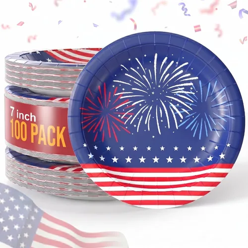 Exquisite Party Solids 4th of July Plates, 7-Inch 4th of July Paper Plates, Patriotic Paper Plates for Patriotic Party Supplies, 100 Pieces, Heavy