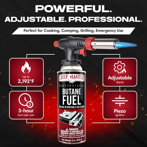 Miniatura 2 de Chef Master 90022 - Encendedor de butano con 4 botes de estaño de combustible de butano, antorcha de cocina recargable y antorcha de cocina