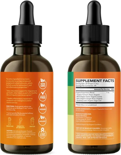 Miniatura 9 de USDA - Gotas líquidas de cúrcuma orgánica con pimienta negra, suplemento de curcumina de 1000 mg para salud inmune y digestiva, 30 porciones