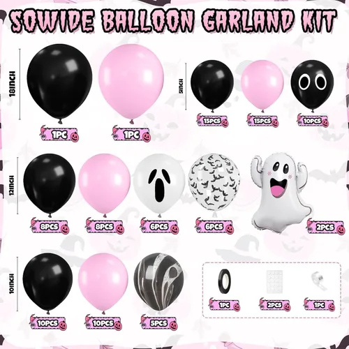 Miniatura 2 de Kit de guirnalda de arco de globos de Halloween, globos negros y rosados, globos de murciélago de aluminio fantasma para la familia, fondo de fiesta