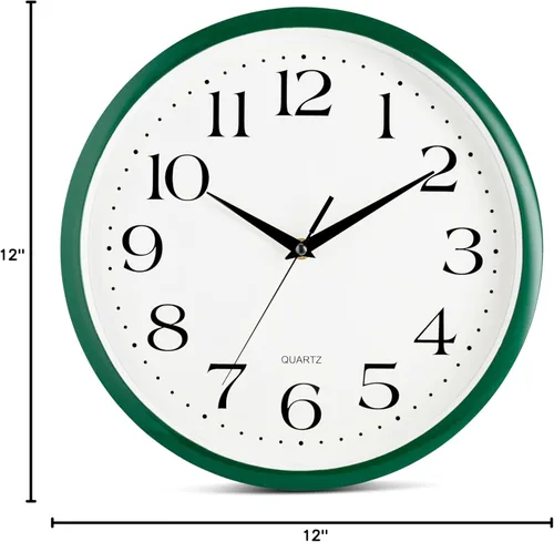 Miniatura 8 de Bernhard Products - Reloj de cuarzo de pared verde cazador, silencioso, sin tictac, redondo, 12 pulgadas, a pilas y fácil de leer, para hogar