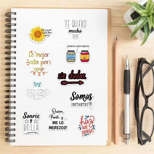Miniatura 6 de Calcomanías motivacionales en español 50 unidades de calcomanías de vinilo impermeables para botellas de agua, laptop, equipaje, taza, Palabras