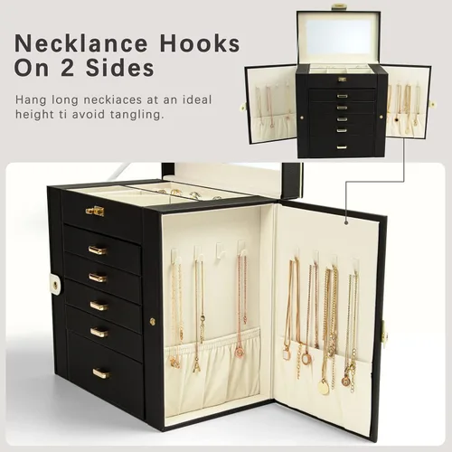 Miniatura 4 de KAMIER Joyero para mujer, caja organizadora grande de 6 capas con espejo y 5 cajones para anillos, aretes, collares, pulseras, color negro