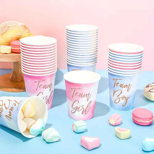 Miniatura 3 de Whaline 50 vasos de papel desechables para fiesta de revelación de género, color rosa, azul, equipo niña, equipo niño, tazas desechables