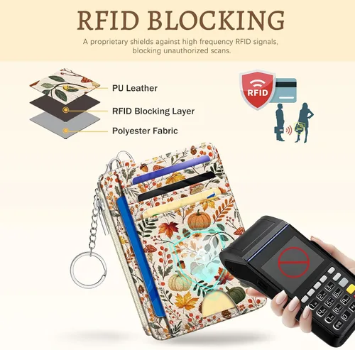Miniatura 4 de Kelvoris Tarjetero pequeño para mujer, cartera delgada con bloqueo RFID, llavero con bolsillo para monedas con cremallera, bolsillo frontal