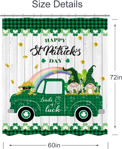 Miniatura 4 de AMBZEK Cortina de ducha del día de San Patricio, 60 pulgadas de ancho x 72 pulgadas de largo, tréboles verdes, trébol, lindo gnomo, rústico, camión