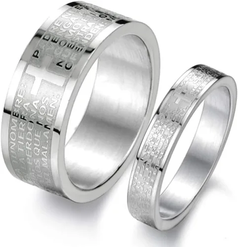 Fashion Month Anillo de acero inoxidable vintage de plata para parejas, con cruz de oración de los Señores de la Biblia Española, banda de oro blanco