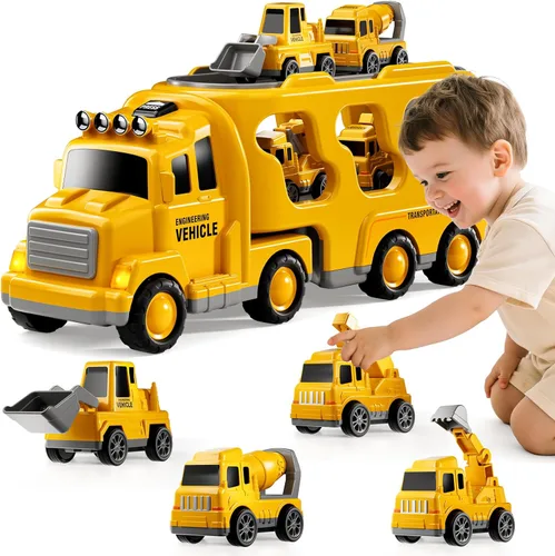 Miniatura 9 de Camiones de construcción de juguetes para niños de 2, 3, 4, 5 años, vehículo de transporte 5 en 1 para niños pequeños de 2 a 4 años con grúa
