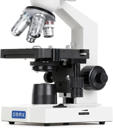 Miniatura 5 de Microscopio compuesto binocular LED lab 40X-2000X Omax con doble capa, etapa mecánica y coaxial fino/grueso, perilla de enfoque