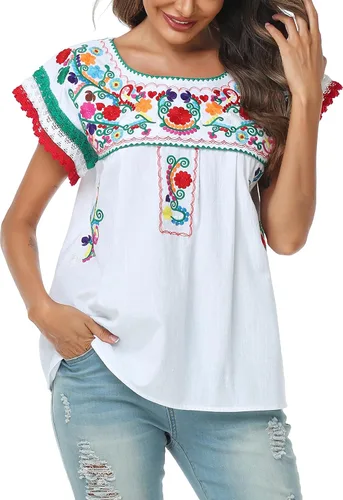 YZXDORWJ Blusa tradicional colorida con encaje bordado mexicano para mujer, camiseta tricolor para el día de la independencia mexicana