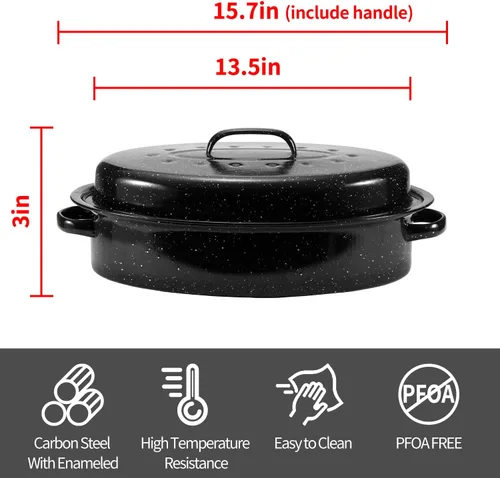 Miniatura 2 de Sartén para asar de granito, mediana de 16" con tapa abovedada esmaltada. Olla para asar pavo ovalada, sartén para horno ideal para pavo pequeño