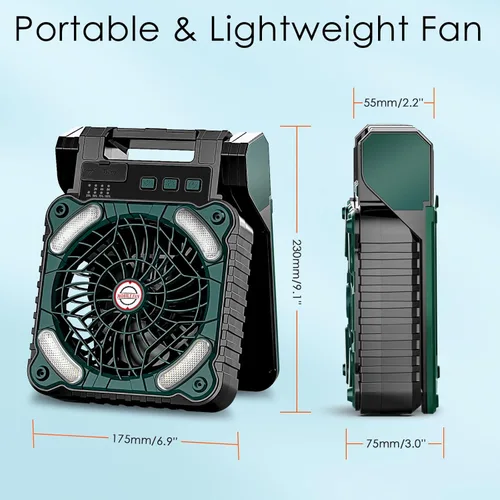 Miniatura 8 de Sendowtek Ventilador de batería portátil para acampar con panel solar, ventilador recargable de 10400 mAh con temporizador, luz LED, pequeños