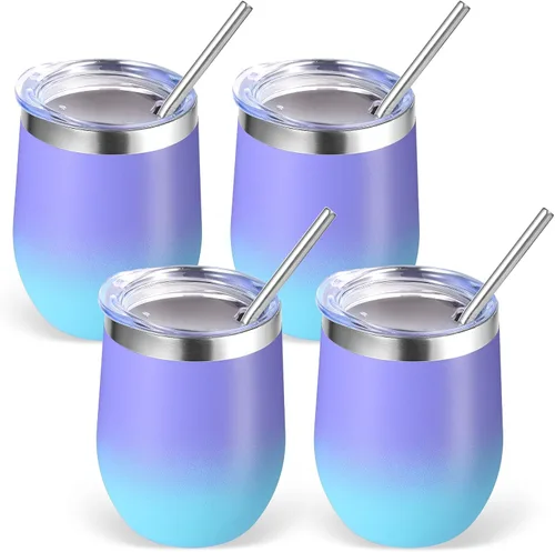 Miniatura 17 de Volhoply - Juego de 12 vasos de vino de 12 onzas con tapa, hechos de acero inoxidable con aislamiento al vacío de doble pared, vasos de vino sin Rosa