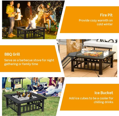 Miniatura 8 de Tangkula Chimenea 3 en 1 para exteriores, chimenea cuadrada de acero de 32 pulgadas con pantalla de chispa, rejilla de troncos, parrilla