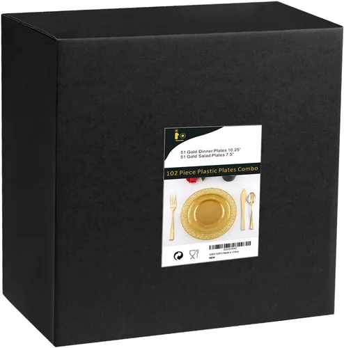 Miniatura 7 de 102 platos desechables de plástico de color café dorado con diseño de encaje, sin bisfenol A, lo que incluye: 51 platos llanos de 10.25 pulgadas