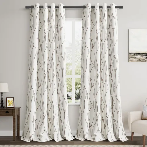 Miniatura 18 de Joywell Cortinas jacquard con ojales para sala de estar, 108 pulgadas de largo, línea ondulada negra con patrón de puntos, cortinas bordadas