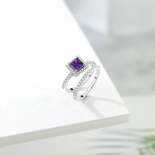 Miniatura 11 de 925 Sterling Silver Halo Bridal Ring Band Set for Women 5MM Princess Cut Gemstone Birthstone with Round White Moissanite Accents Wedding