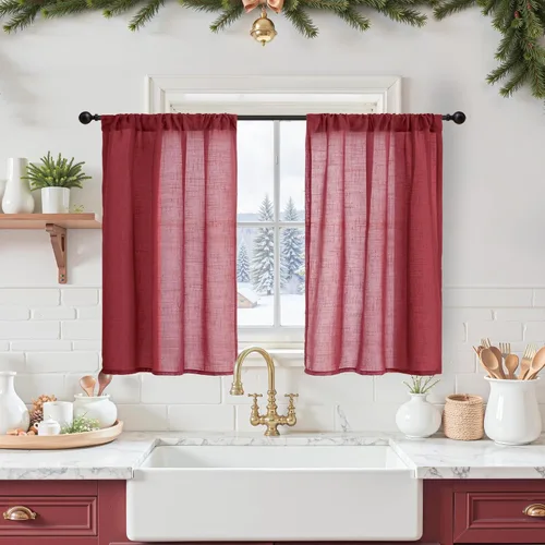 Miniatura 58 de BGment Cortinas de lino café de 30 pulgadas de largo para ventana pequeña, cortinas de media ventana beige semitransparentes ligeras con bolsillo