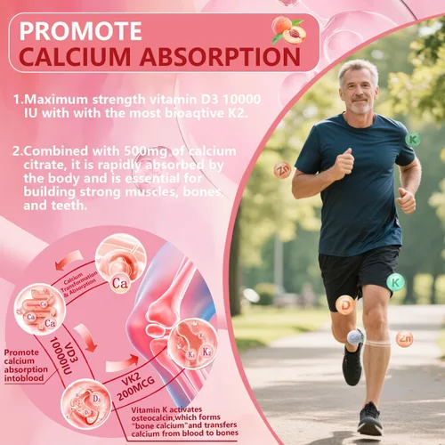 Miniatura 4 de Gomitas de vitamina D3 K2, 10000 UI con 500 mg de calcio, magnesio, zinc, sin azúcar, ADK+vitamina B12, suplementos para mujeres y hombres, huesos