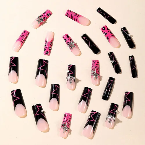 Miniatura 3 de MISUD Uñas a presión – Uñas cuadradas largas con pegamento rosa y negro, acrílico Y2K diseño de dijes de 24 piezas