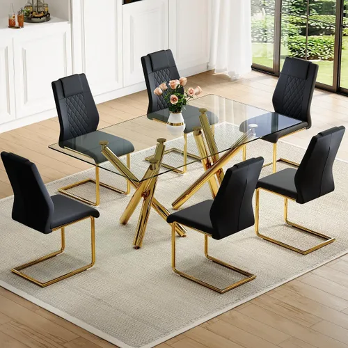 Miniatura 18 de Juego de mesa de comedor de cristal para 6,71 pulgadas, mesa de comedor para 6, mesa de cocina rectangular grande de vidrio templado y 6 sillas