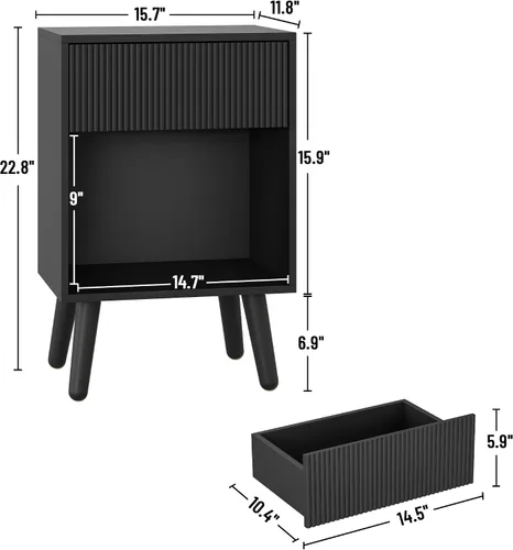 Miniatura 2 de Mesita de noche, mesa auxiliar moderna con cajones de almacenamiento y estante de madera abierto, mesita de noche con patas de madera maciza, mesas