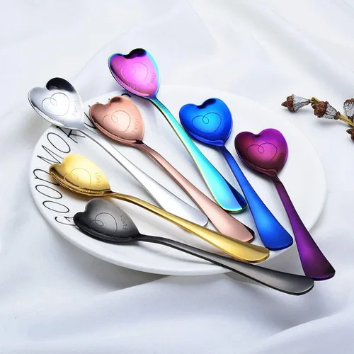 Miniatura 9 de Juego de 7 cucharas en forma de corazón de acero inoxidable, incluye café, postre, helado, té y cucharas de amor, perfecto y lindo (morado)