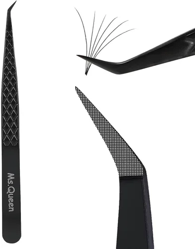 Ms.Queen Pinzas para extensiones de pestañas, pinzas de fibra para volumen y extensiones de pestañas individuales, color negro