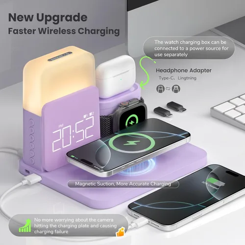 Miniatura 2 de Estación de carga inalámbrica, soporte de carga inalámbrica 7 en 1 con reloj de alarma dual, base de carga para iPhone Púrpura
