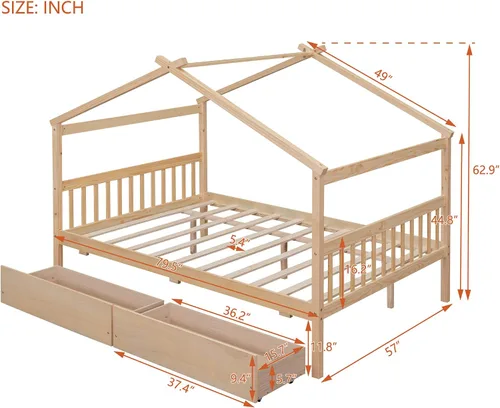Miniatura 2 de Bellemave Cama de casa de tamaño matrimonial para niños, marco de plataforma Montessori con 2 cajones, cabecera y estribo, almacenamiento de madera