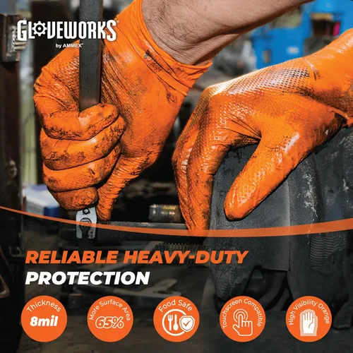 Miniatura 3 de GLOVEWORKS Guantes de trabajo de nitrilo naranja de 8 mil, desechables, resistentes, con agarre de diamante elevado, guantes mecánicos, XL, caja