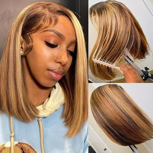 Miniatura 17 de Peluca de cabello humano lacio marrón con reflejos de 13 x 4, peluca frontal de encaje transparente #4, peluca corta Bob para mujeres negras