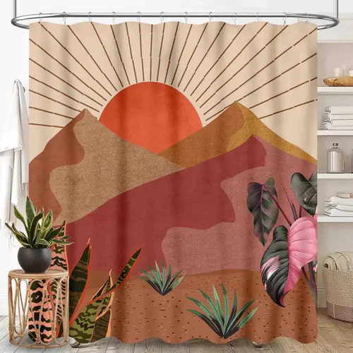 Miniatura 18 de Cortina de ducha bohemia, moderna de mediados de siglo, abstracto, tropical, palmera, salvia, hoja verde, botánica, fase lunar, arco estético